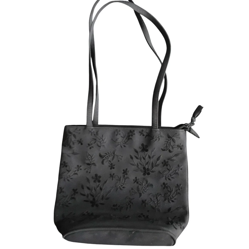 Black Floral Embroidered Shoulder Bag Zip Top Tote with Exterior Pocket